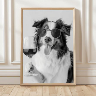 Poster Australian Shepherd Holding Wine Wall Art, Black a