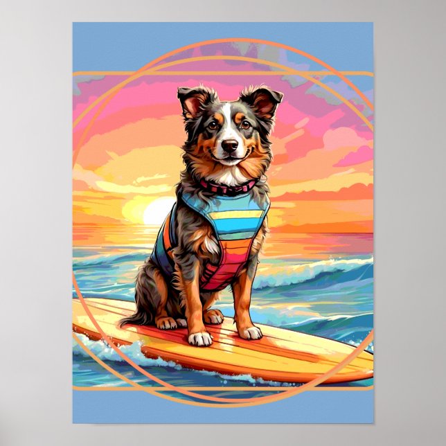 Poster Australian Shepherd Surfing (Frente)