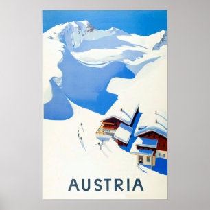 Poster Áustria, esqui, casa de campo nas montanhas no