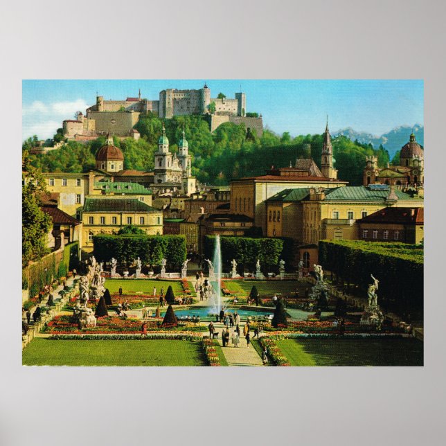 Póster Áustria, Salzburgo, Schloss Hollenberg, jardins (Frente)