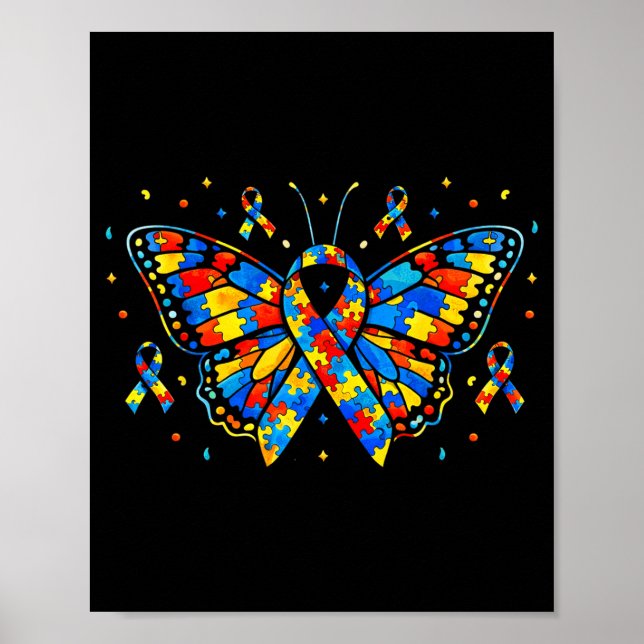 Poster Autism Awareness Butterfly Puzzle Ribbon  (Frente)