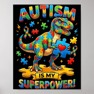 Poster Autismo é Superpoder T-rex Dino Conscientização do