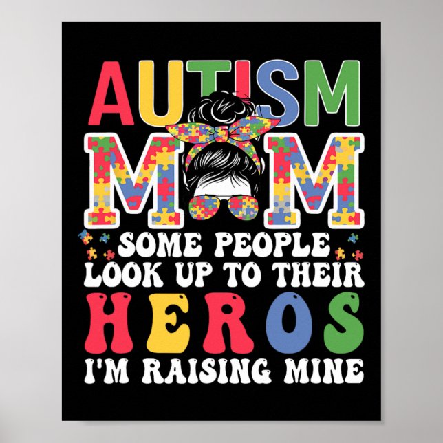 Poster Autismo Mãe Raising - Hero Groovy Messy Bun Autism (Frente)