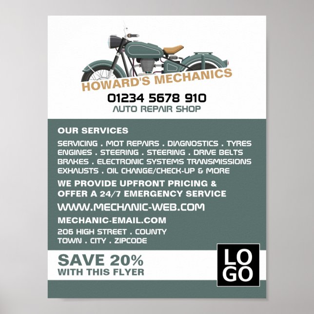 Poster Autociclo Clássico, Auto Mecânico e Reparos Advert (Frente)