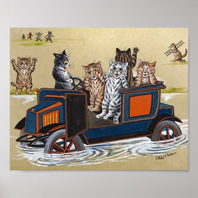 Poster Automóvel em Água Profunda, Louis Wain (Frente)