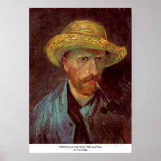 Poster Autorretrato com Chapéu de Palha e Pipe por van Go