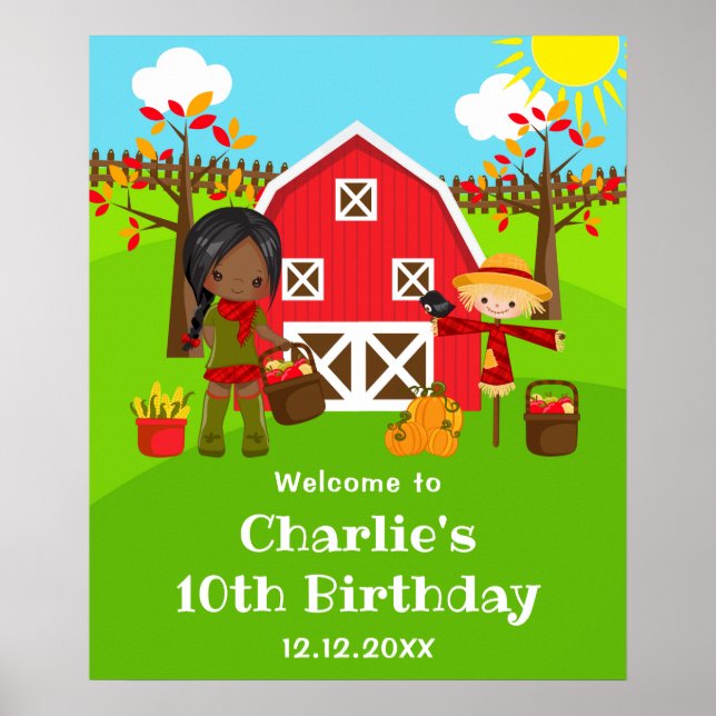Poster Autumn Barnyard Birthday Dark Skin Girl Bem-vinda (Frente)