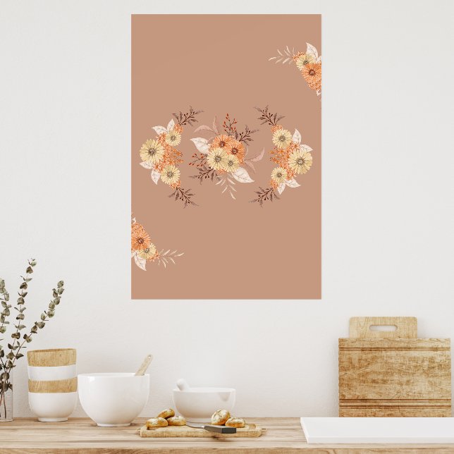 Poster Autumn Bloom - Beige and Orange Floral Art (Cozinha)