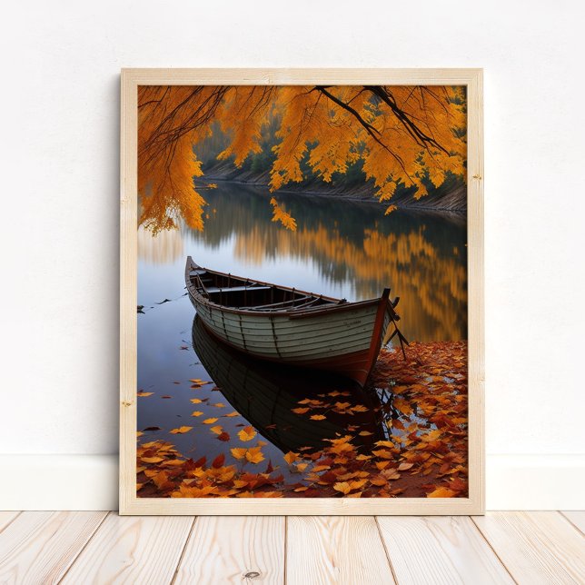 Poster Autumn Boat a Tranquil River Wall Art (Autumn Boat on a Tranquil River Wall Art in a neutral wooden frame on the floor)