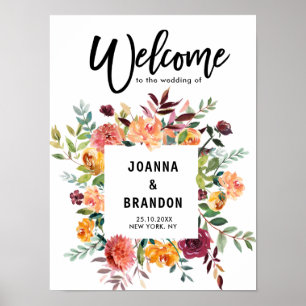 Poster Autumn Burgundy Blush Floral Weding Bem-vindo