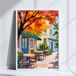 Poster Autumn Cafe Watercolor Fall Foliage Art