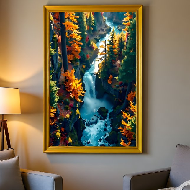 Poster Autumn Canyon Waterfall – Vibrant Fall Forest Land (Criador carregado)