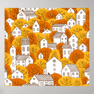 Poster Autumn Cityscape, Trees Houses Pattern.