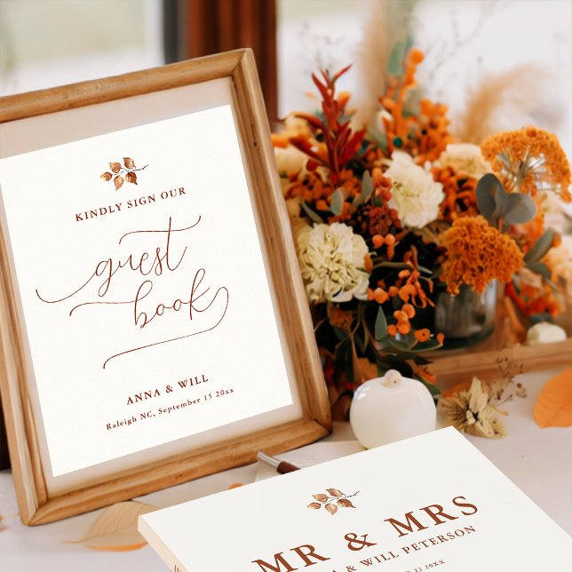 Poster Autumn Deixa Elegante Sinal de Casamento outono Co (sign our guest book fall autumn wedding sign terracotta elegant calligraphy simple leaves foliage)