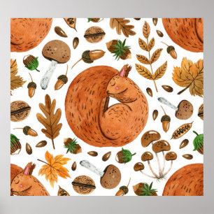 Poster Autumn Dreams: Watercolor Squirrel Haven