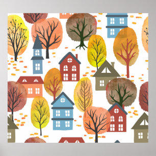 Poster Autumn Elegance: Watercolor City e Árvores
