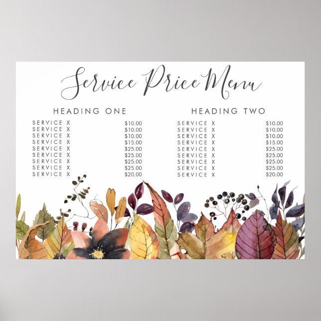Poster Autumn Fall Service Price Menu Custom Printed (Frente)