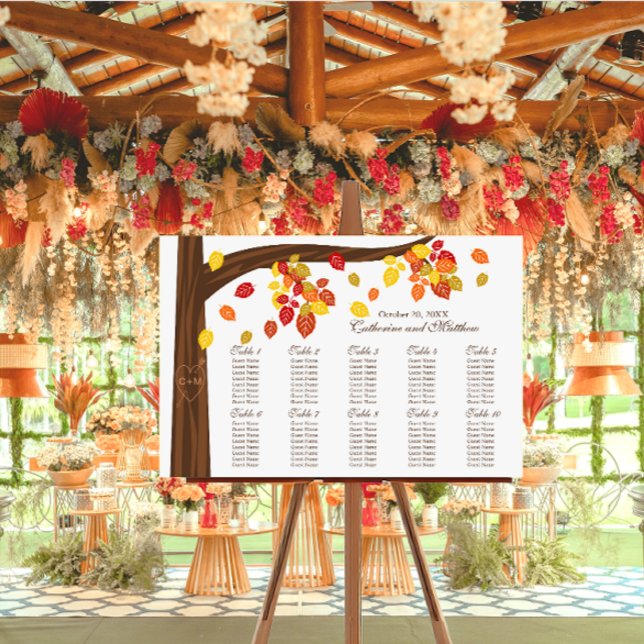 Poster Autumn Falling Deixa O Gráfico De Casamento (Autumn falling leaves wedding seating chart.)