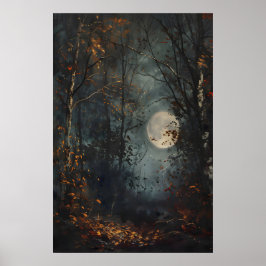 Poster Autumn Full Moon Dark Forest Art Print, Dark Cotta