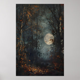 Poster Autumn Full Moon Dark Forest Art Print, Dark Cotta