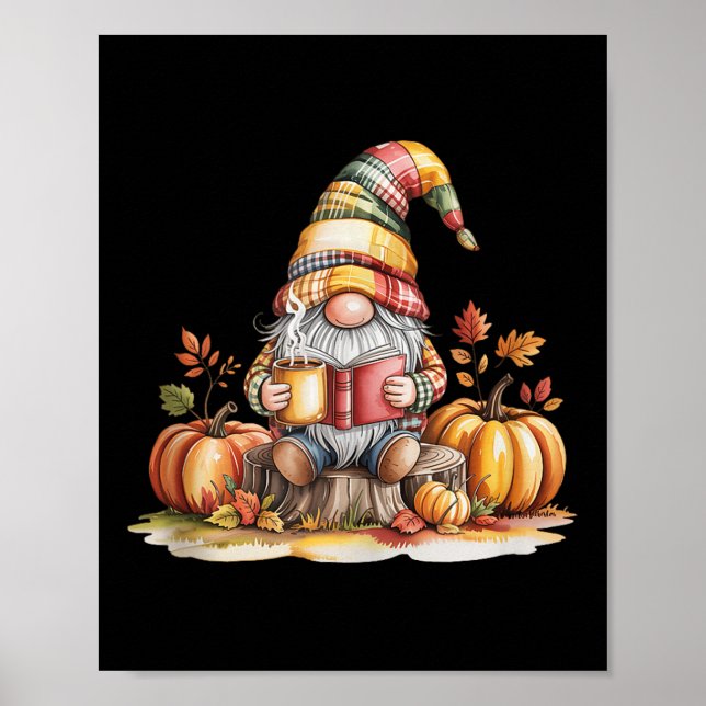 Poster Autumn Gnome Reading Book With Pumpkins Fall Tank  (Frente)