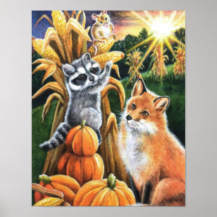Poster Autumn Harvest Red Fox Raccoon Watercolor 11x14