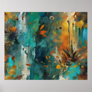 Poster Autumn Harvest Teal Rust Abstrato Dourado