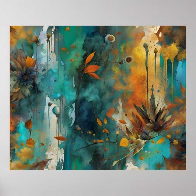Poster Autumn Harvest Teal Rust Abstrato Dourado (Frente)