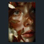 Póster Autumn Leaves Crown Freckled Portrait<br><div class="desc">A young woman with luminous freckled skin gazes upward in soft wonder, her face gently framed by a crown of warm amber, rust, and burnt-orange autumn leaves. Golden-hour light caresses every detail—subtle veins in the foliage, delicate freckles across her cheeks, and the natural sheen on her full lips—while creamy bokeh...</div>