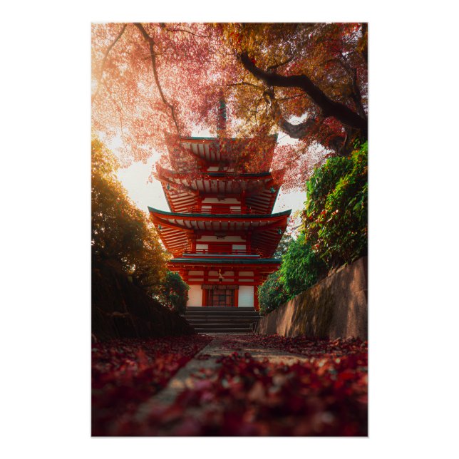 Póster Autumn Maple Pagoda Temple Staircase Glow (Frente)