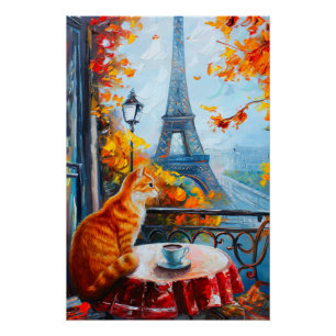 Póster Autumn Parisiense   Ginger Cat em um café