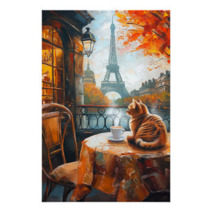 Póster Autumn Parisiense Ginger Cat em um café