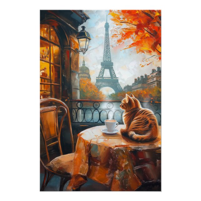 Póster Autumn Parisiense | Ginger Cat em um café (Frente)