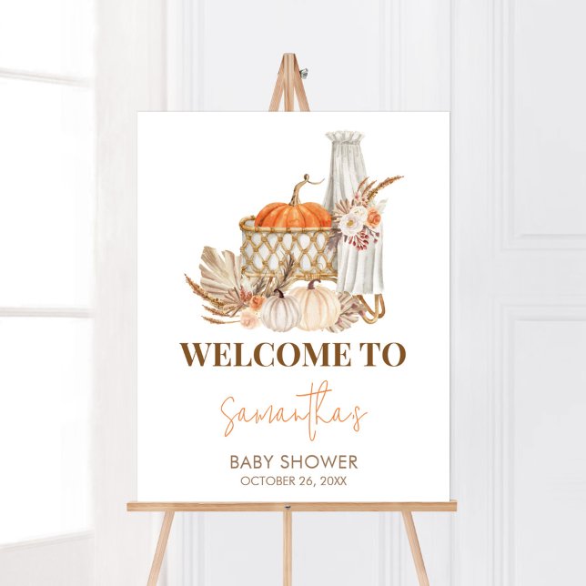 Poster Autumn Pumpkin Fall in Love Welcome Chá de fraldas (Boho Orange Pumpkin Baby Shower Welcome Sign)