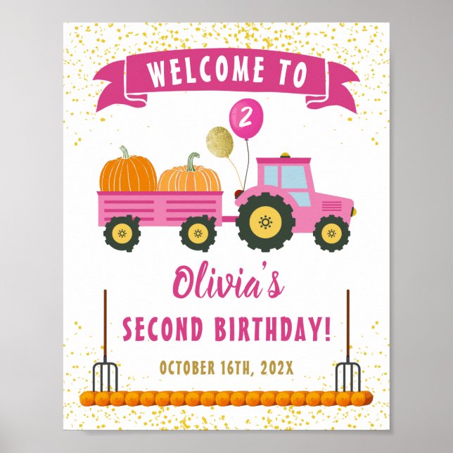 Poster Autumn Pumpkin Pink Trator Girl Aniversário Bem-vi (Frente)