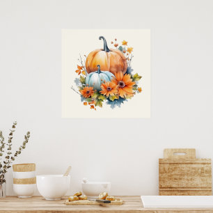 Poster Autumn Pumpkins com Flores e Folhagem