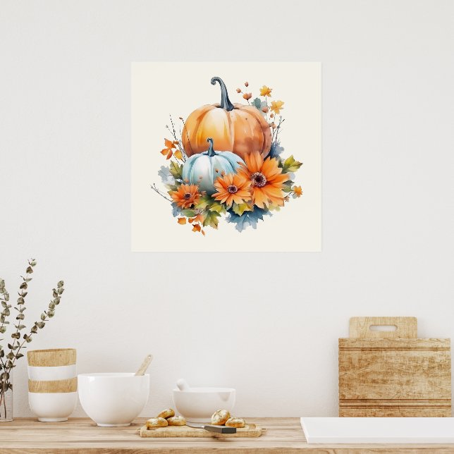 Poster Autumn Pumpkins com Flores e Folhagem (Cozinha)