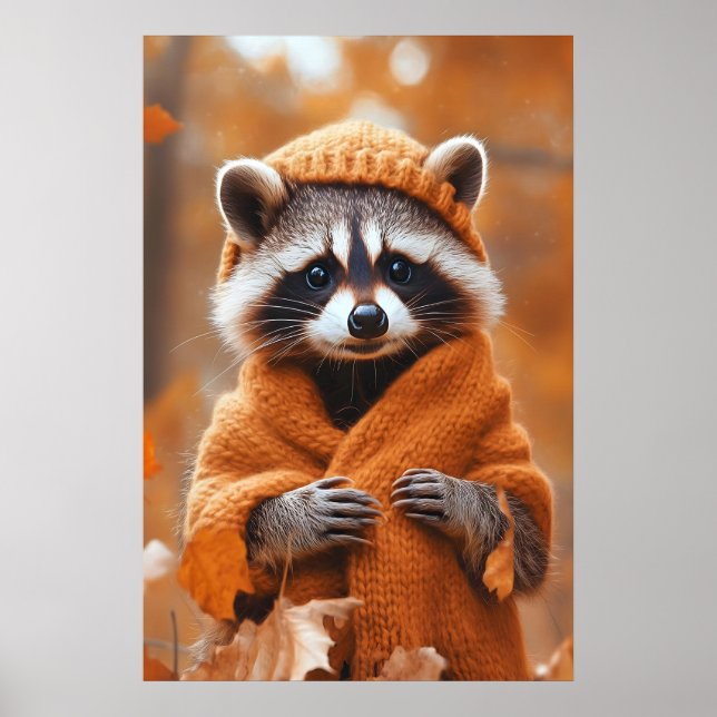 Poster Autumn Raccoon Art Print, Fall Animal in Clothes (Frente)