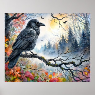 Poster Autumn Raven Watercolor Art