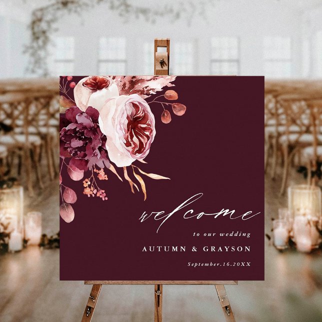 Poster Autumn Romance Burgundy Floral Weding Bem-vindo (Criador carregado)