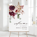 Poster Autumn Romance Floral Chá de panela Sinal de Boas-<br><div class="desc">Este sinal de boas-vindas do chá de panela apresenta um buquê de flor de aquarela de dahlias,  rosas de jardim,  e pedras em vermelho-burgundy,  marrom,  cor-de-rosa pincelada sobre folhas de outono. Para uma personalização mais avançada deste design,  clique no BOTÃO FERRAMENTA DESIGN AZUL. Itens correspondentes também estão disponíveis.</div>