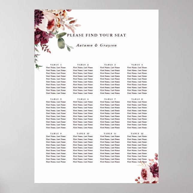 Poster Autumn Romance Floral Wedding Seating Chart (Frente)
