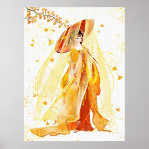 Poster Autumn Serenity: Geisha Watercolor Japonês