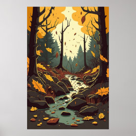 Poster Autumn Stream em Woods Orange Brown Green