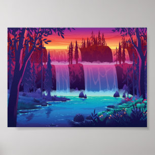 Poster Autumn Sunset Waterfall