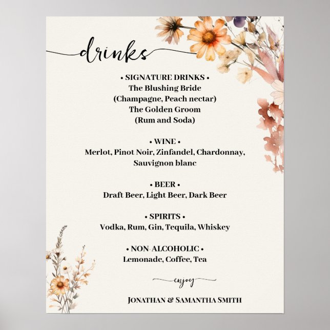 Poster Autumn Wildlows Sinal de Menu Bebidas Nuptivas (Frente)