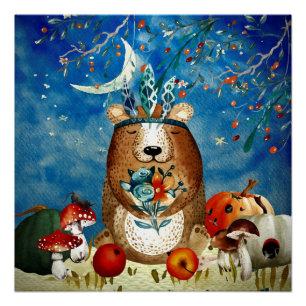 Póster Autumn Woodland Friends Bear Forest Illustration