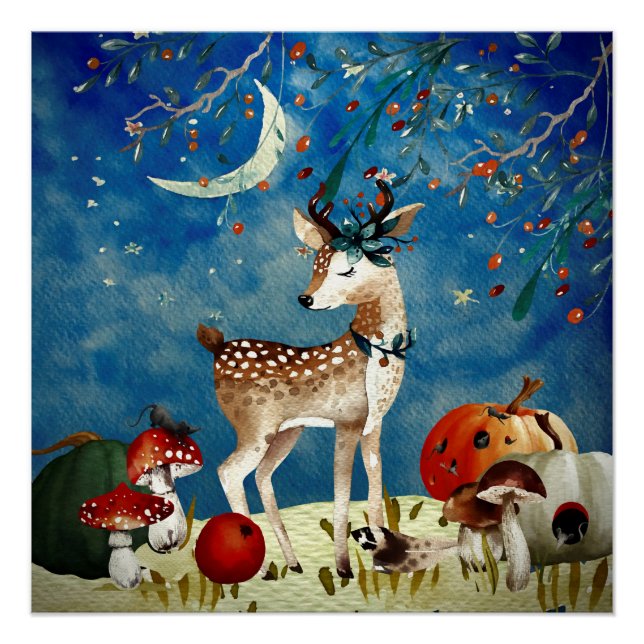 Póster Autumn Woodland Friends Deer Forest Ilustration (Frente)