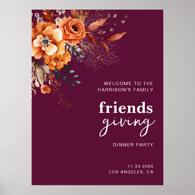 Poster Autumnal flowers thanksgiving elegant burgundy (Frente)