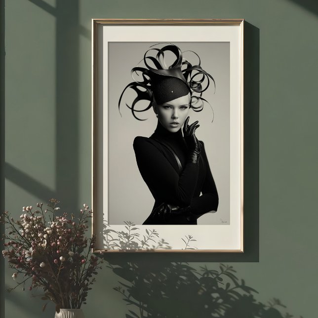 Poster Avant-Garde Elegance: Moda de Chapéu Monocromático (Criador carregado)